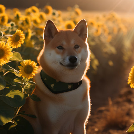Shiba inu dog in sunflower field at sunset. Japanese dog.の素材