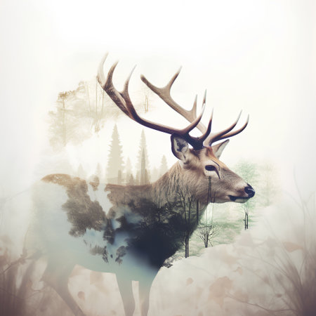 Deer in the winter forest with foggy background. Vintage style.の素材