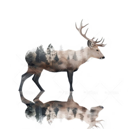 Double exposure of a deer with forest on the background, isolated on whiteの素材
