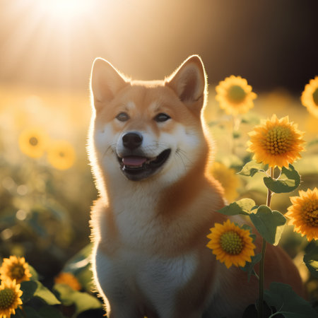 Shiba Inu dog in sunflower field at sunset. Japanese dog.の素材