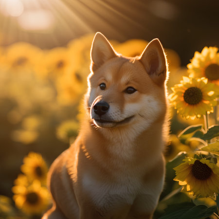 Shiba inu dog in sunflowers field at sunset.の素材
