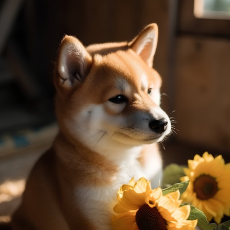 Portrait of a shiba inu puppy and sunflowersの素材