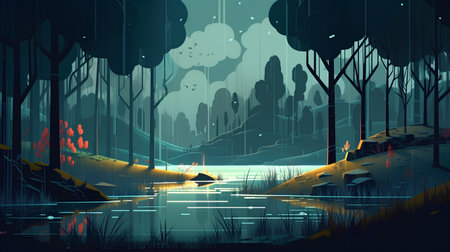 Fantasy landscape with river and forest at night. Vector illustration.の素材