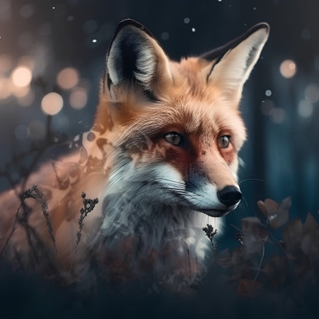 Red fox in the forest at night with snowflakes and bokehの素材