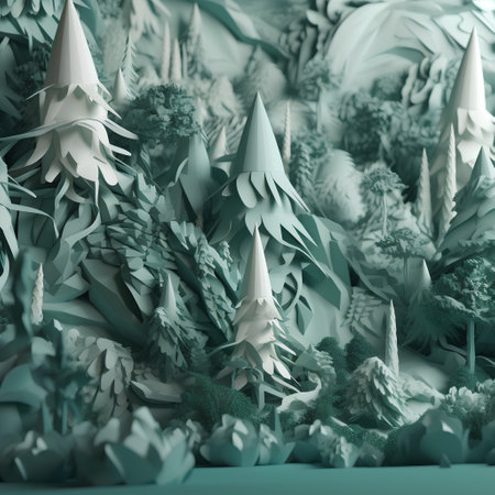 3d render of a fantasy landscape with trees and snowflakesの素材