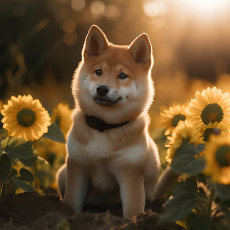 Shiba inu dog sitting in sunflower field at sunset.の素材
