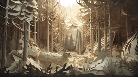 3d illustration of fantasy forest with reindeer and other animalsの素材