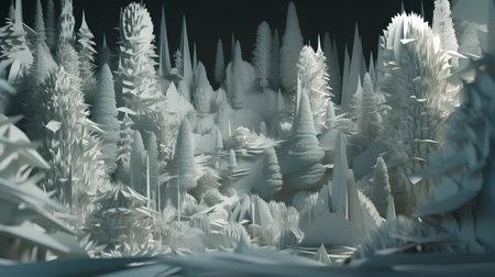 Fractal 3D illustration of a winter landscape with frozen treesの素材