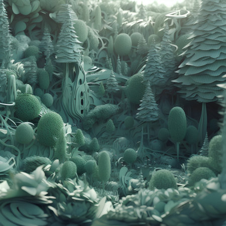 Fantasy landscape with trees and mushrooms. 3d render illustration.の素材