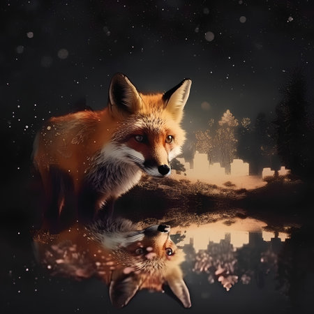 Beautiful fox in the forest at night with reflection in water.の素材