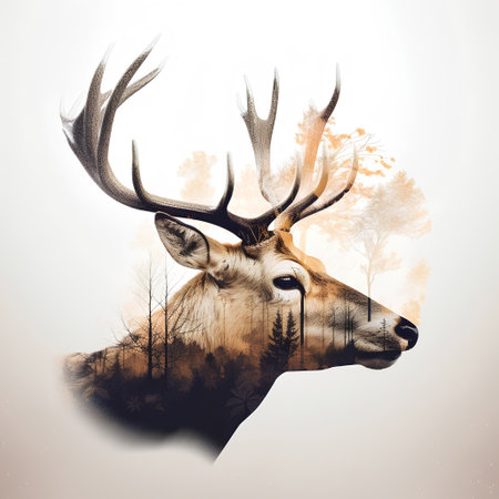 Digital painting of a deer head in the forest with grunge effectの素材