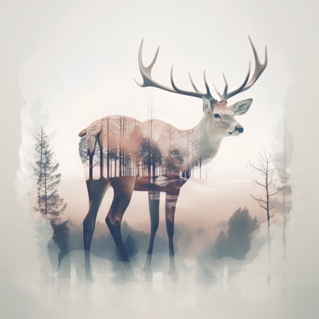Double exposure of a deer in a foggy forest. Digital painting.の素材