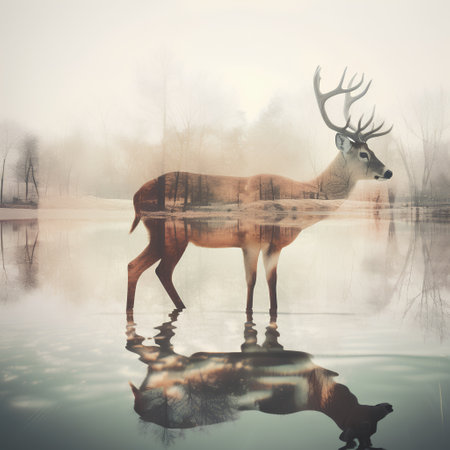 Deer in the misty forest reflected in the water. Vintage style.の素材