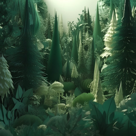 3d render of a fantasy forest with trees and plants in greenの素材