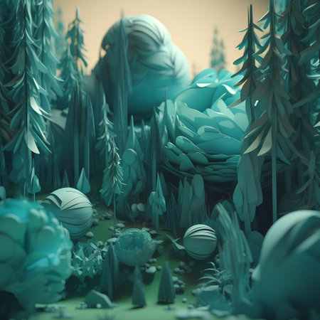 3d illustration of fantasy landscape with green plant and man in forestの素材