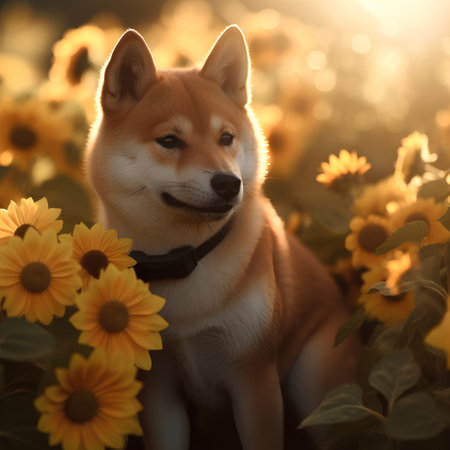 Shiba inu dog in sunflowers field at sunset.の素材