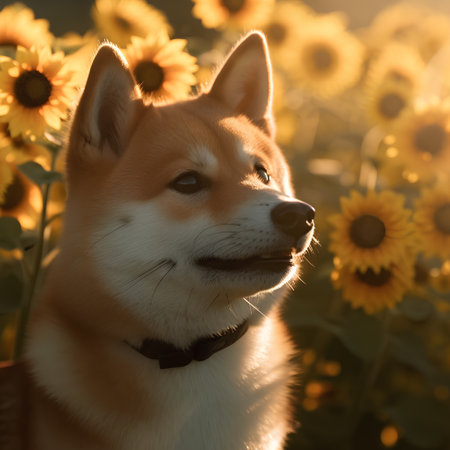 Shiba Inu dog in the sunflower field at sunset.の素材