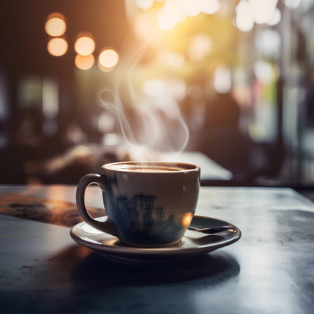 Coffee cup on table in coffee shop, vintage color toneの素材