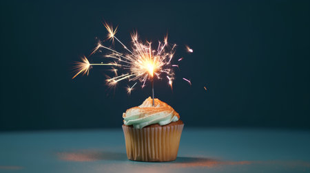 Birthday cupcake with sparkler on dark blue background with copy spaceの素材