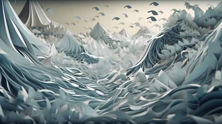 3d rendering of abstract background with origami pattern and sea wavesの素材