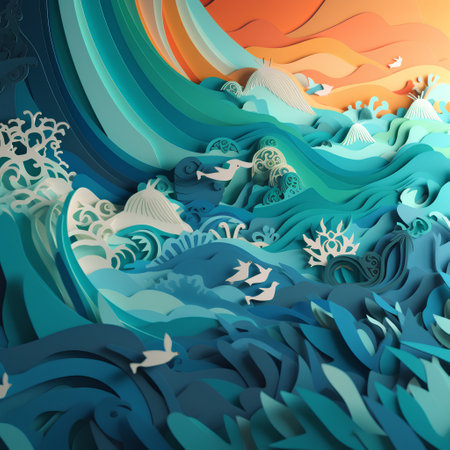 3d illustration of abstract ocean background with waves and corals.の素材