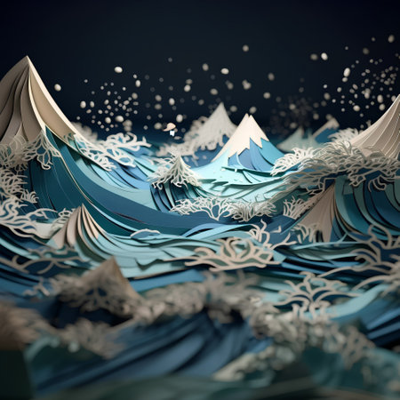 Abstract blue background with mountains and snowflakes, 3d renderの素材