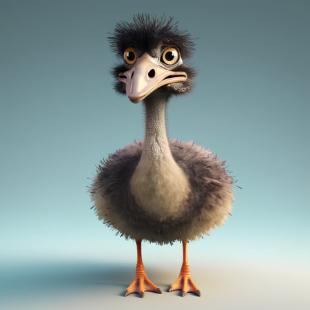 3D rendering of a cute baby ostrich isolated on blue backgroundの素材