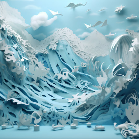 3d abstract background with waves and seagulls in the skyの素材