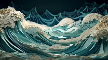 3d render of abstract background with blue waves and white lace fabricの素材
