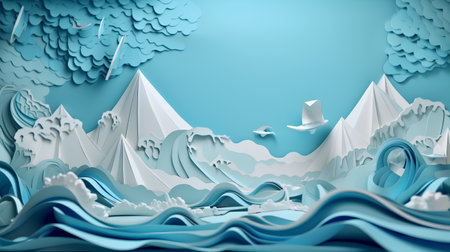 Paper art landscape with mountain and sea. 3d render illustration.の素材