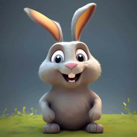 Cute Easter bunny sitting on green grass. 3D rendering.の素材