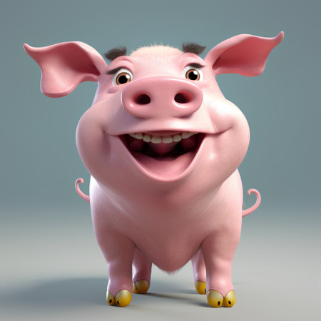Pig character with a big smile looking at the camera, 3d illustrationの素材