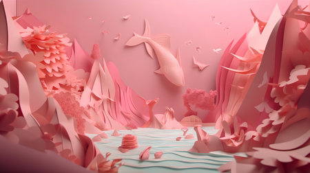3d rendering of pink origami background. Paper art landscape.の素材