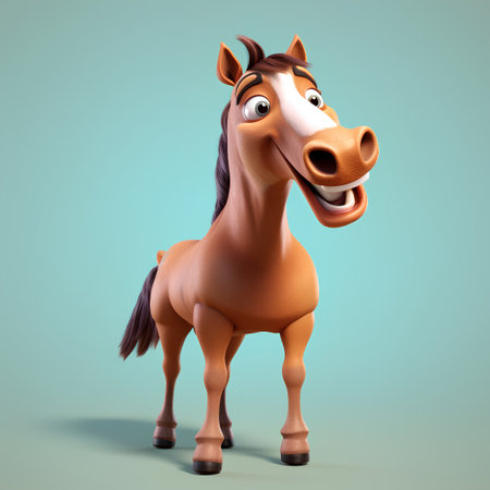 Horse character showing thumbs up gesture isolated on blue background 3d illustrationの素材