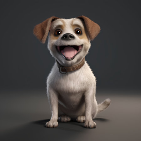 Funny dog with collar sitting on gray background, 3d renderの素材