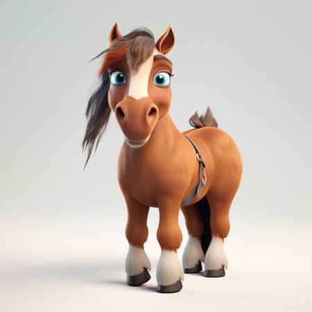 Funny horse with blue eyes on a gray background. 3d illustrationの素材