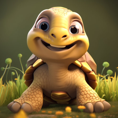 Cartoon tortoise sitting in the grass with a smile on his faceの素材
