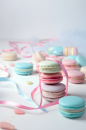 Colorful macaroons with pink and blue ribbons on white backgroundの素材