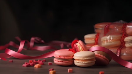 Macaroons with red ribbons on a wooden table, selective focusの素材