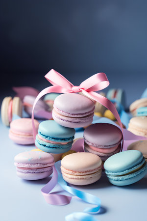 Colorful macaroons with pink ribbon on a blue background.の素材