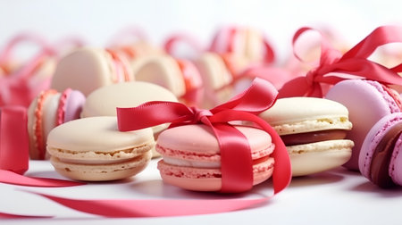 Macaroons with red ribbons on white background, closeupの素材