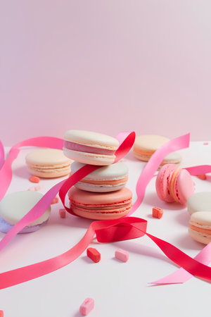 Colorful macaroons with pink ribbons on white background.の素材