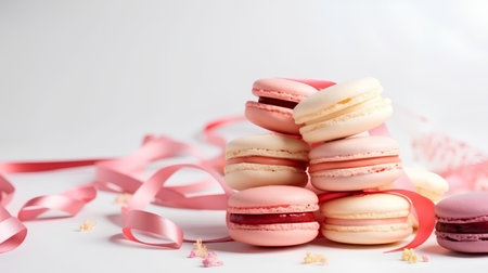 Macaroons with pink ribbons on white background, closeupの素材