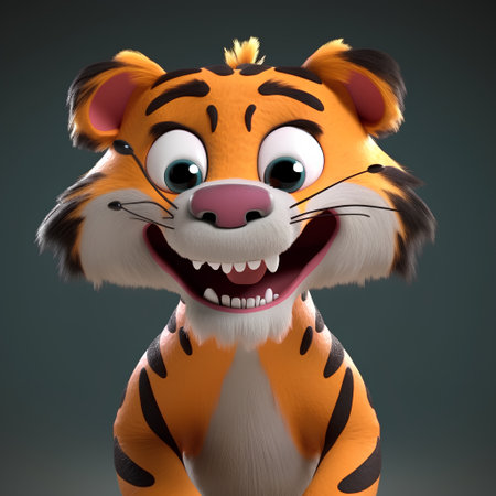 Cartoon tiger with funny expression on dark background - 3D Illustrationの素材