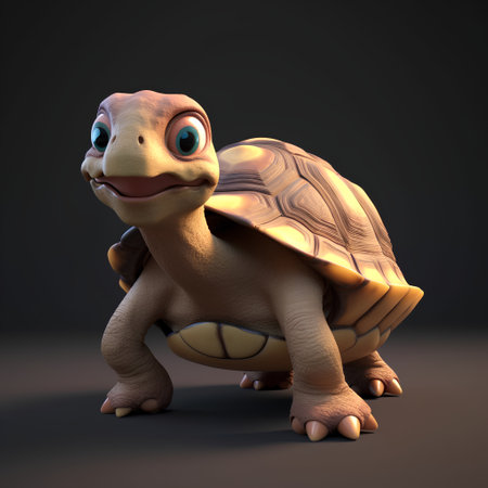 3D render of a little tortoise on dark background with shadowの素材