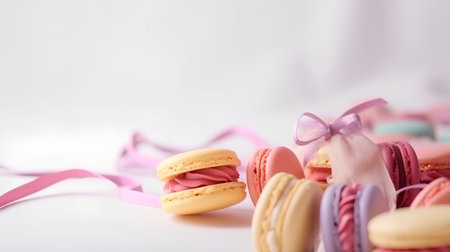 Colorful macaroons on white background. Selective focus.の素材