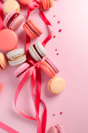 Colorful macaroons with ribbon on pink background, top viewの素材