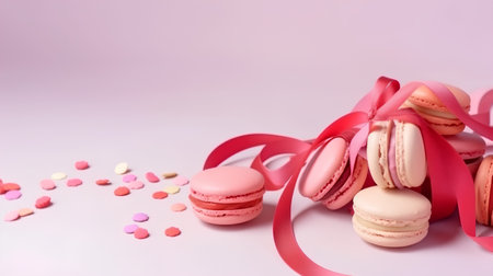 Pink macaroons with pink ribbon and hearts on a pink backgroundの素材