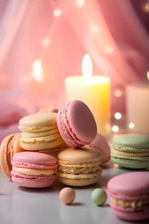 Colorful macaroons and burning candles on a light background.の素材