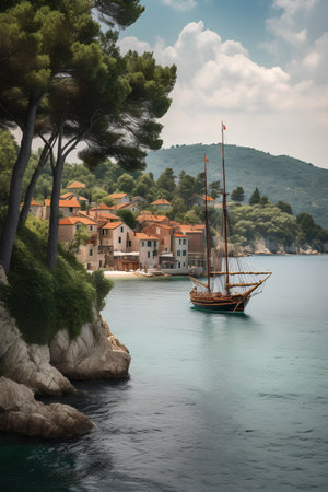 Vintage sailing boat in the bay of Korcula, Croatiaの素材